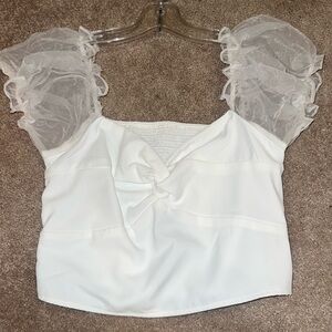 White short butterfly sleeve mesh panel top